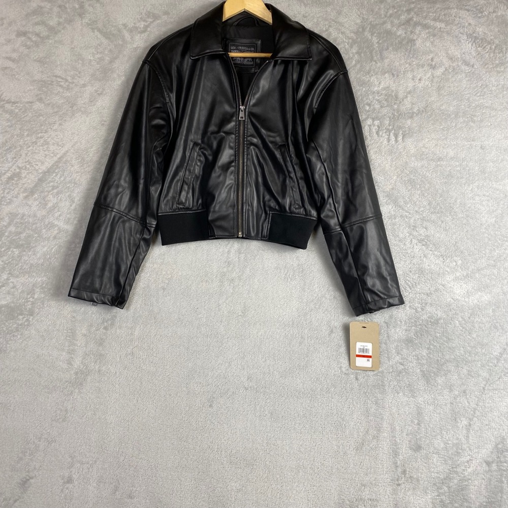 Levi Strauss & Co Womens Faux Leather Bomber Jacket Black Cropped XS LW2RU202